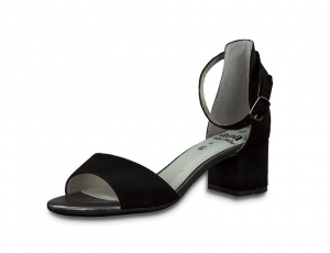 Jana, elegant schoentje met open teen op een blokhakje van 3 cm, zwarte imitatiedaim, sluiting met gespje rond de enkel, G-breedte (breed) - €49.95
