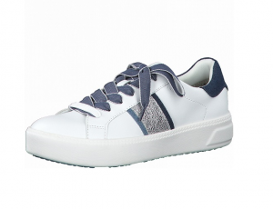 Lage sneaker van Tamaris in wit imitatieleder met blauwe en zilveren accenten, zacht "touch it" voetbed, vetersluiting, antislip zool - €49.95
