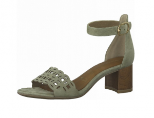 Sandaaltje van Tamaris in licht olijfgroene daim, blokhakje van 4 cm, zacht "touch it" voetbed met lederen binnenzool, sluiting met gespje - €69.95