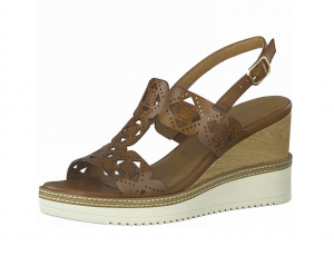 Elegante sandaal van Tamaris in cognackleurig leder, stabiele sleehak van 7,5 cm, zacht voetbed met lederen binnenzool - €69.95