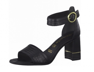 Sandaal van Tamaris in zwart leder, fijne blokhak van 6 cm, zacht voetbed, antislip zool - €69.95